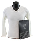 white 100% merino long sleeve v-neck shirt