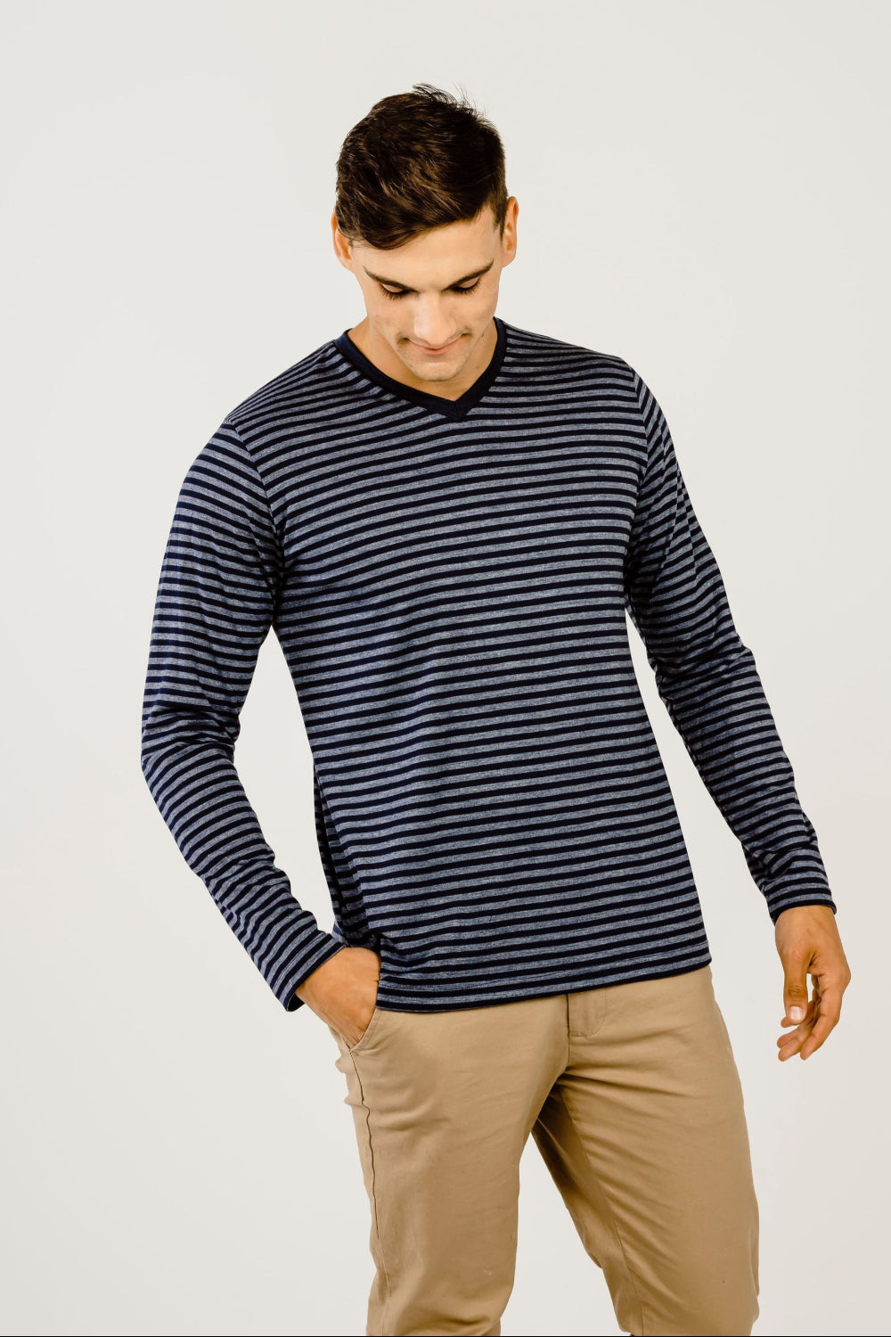 Man wearing Striped Merino V Neck Long Sleeve T-Shirt - Kapeka NZ