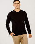 Man wearing a black long-sleeve shirt and beige pants on a white background