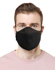Man wearing ablack travel mask with adjustable elastic straps, made from merino soft & comfort next to skin, with a label showing 'Made in New Zealand', and highlighting features such as 100% breathable, adjustable elastic straps, and a machine washable filter.