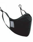 A black travel mask with adjustable elastic straps, made from merino soft & comfort next to skin, with a label showing 'Made in New Zealand', and highlighting features such as 100% breathable, adjustable elastic straps, and a machine washable filter.