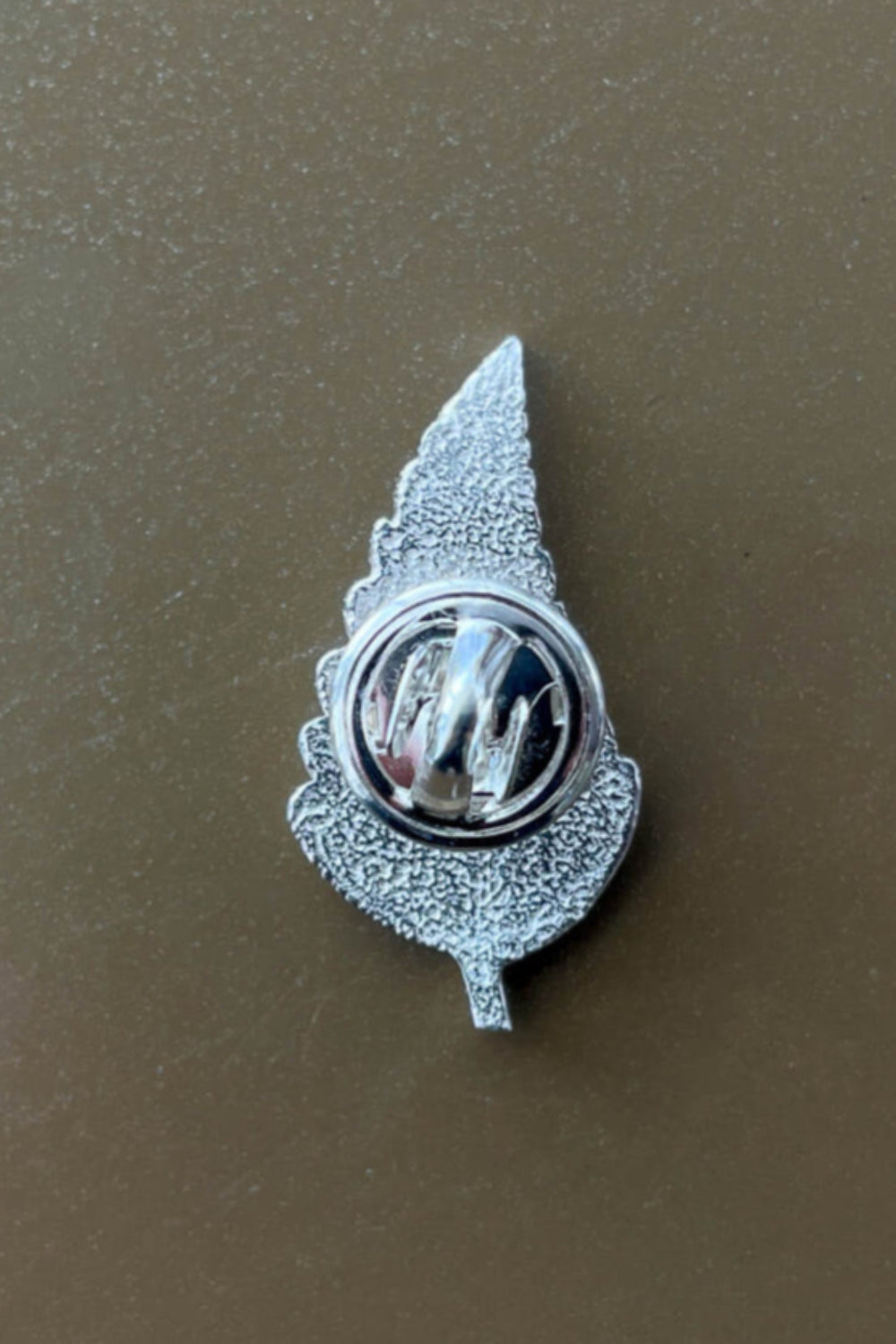 Silver decorative item on a brown surface