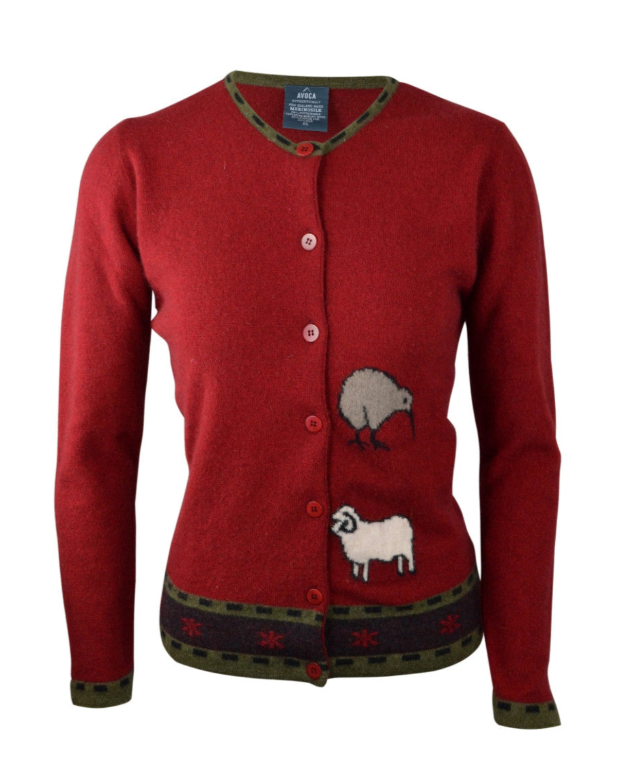Red cardigan with embroidered animals on a white background