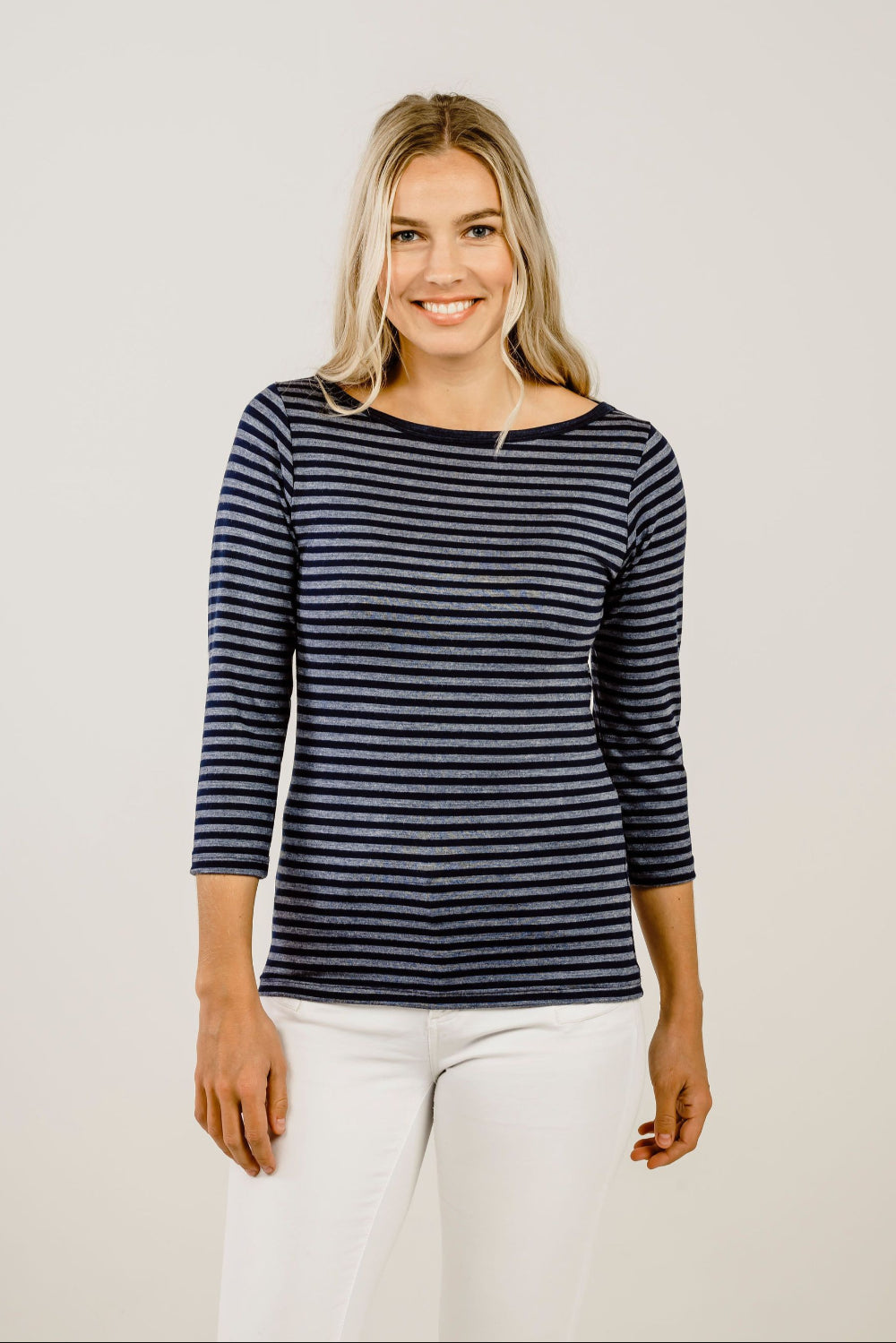 Woman wearing Striped Merino Boat Neck Shirt - Kapeka NZ