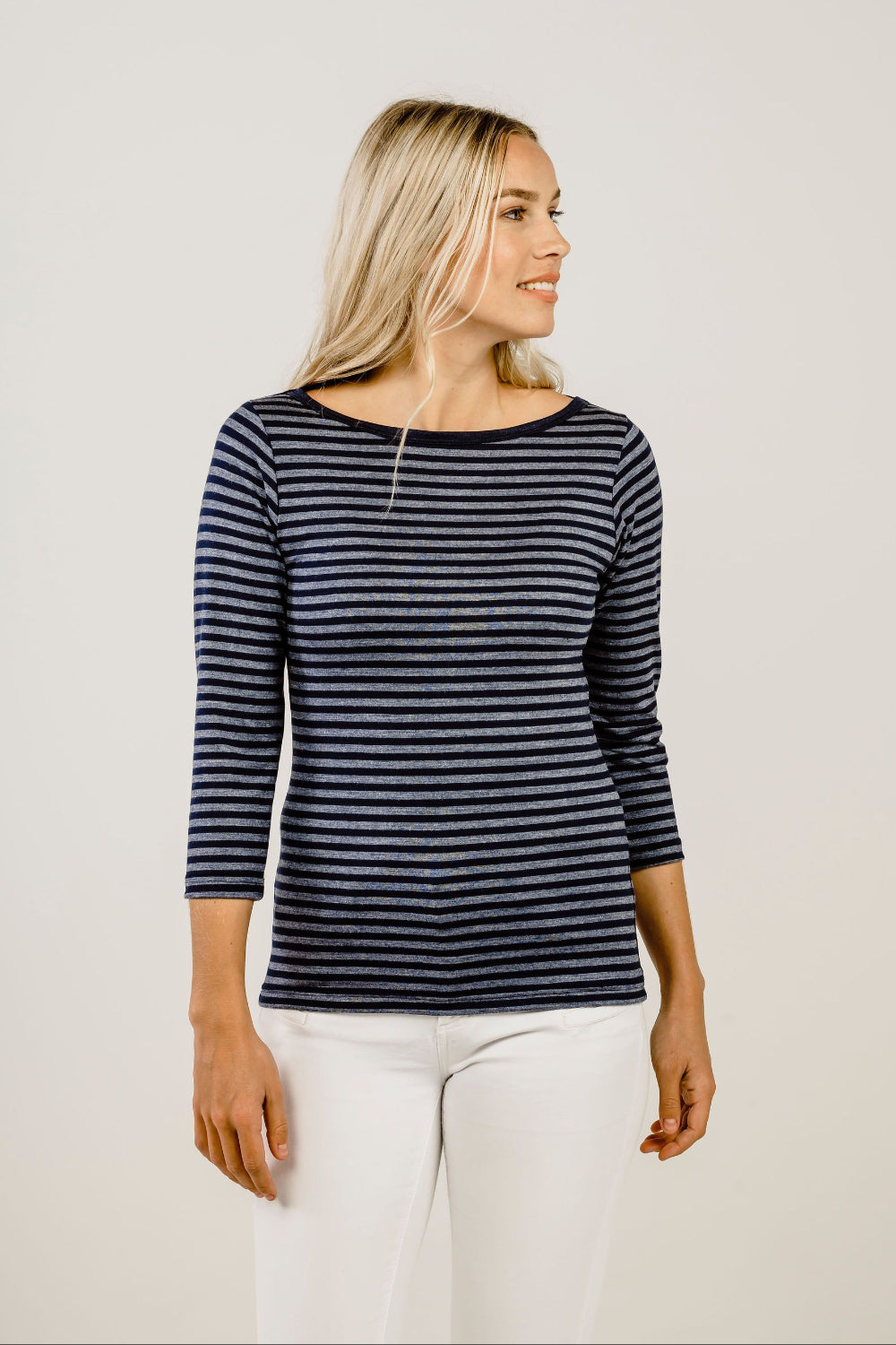 Woman wearing Striped Merino Boat Neck Shirt - Kapeka NZ