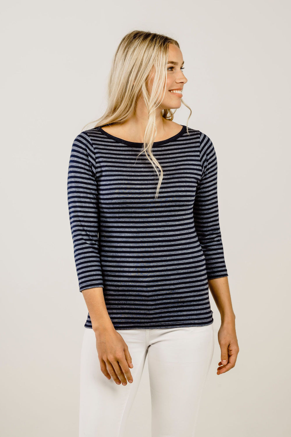 Woman wearing Striped Merino Boat Neck Shirt - Kapeka NZ