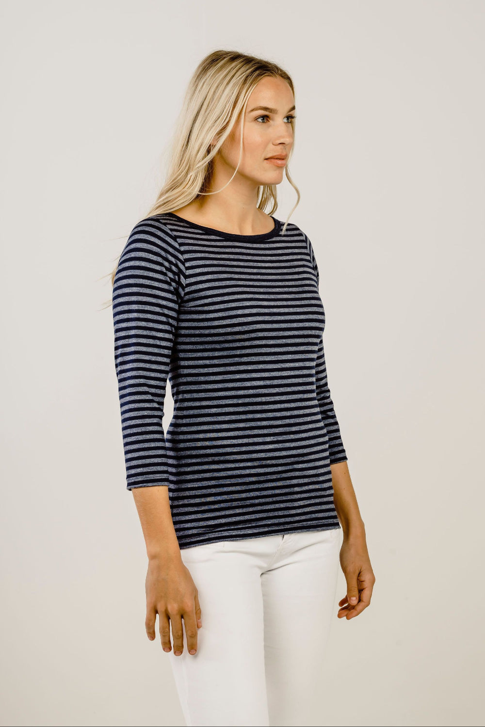 Woman wearing Striped Merino Boat Neck Shirt - Kapeka NZ