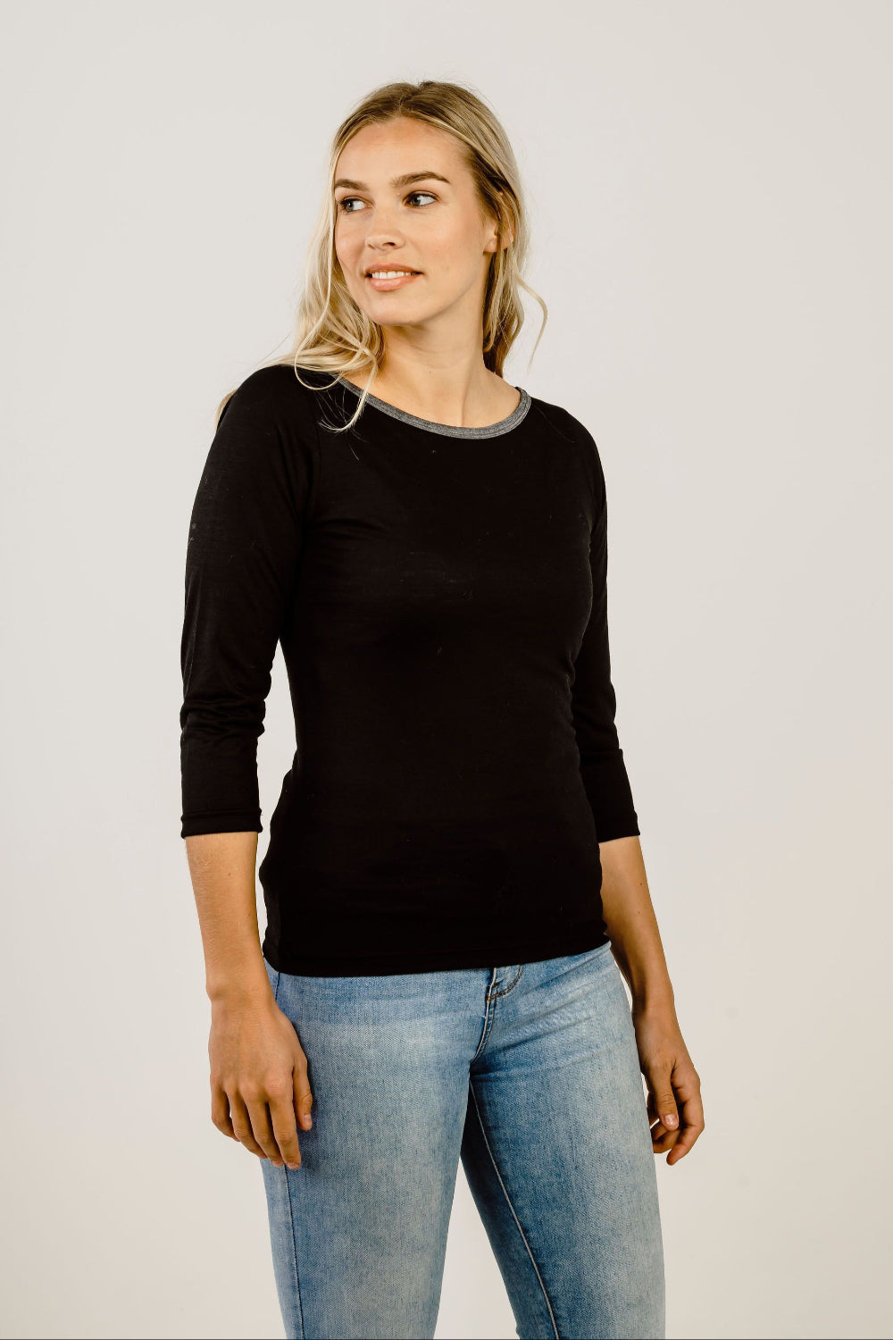 Woman wearing Merino Boat Neck Shirt - Kapeka NZ