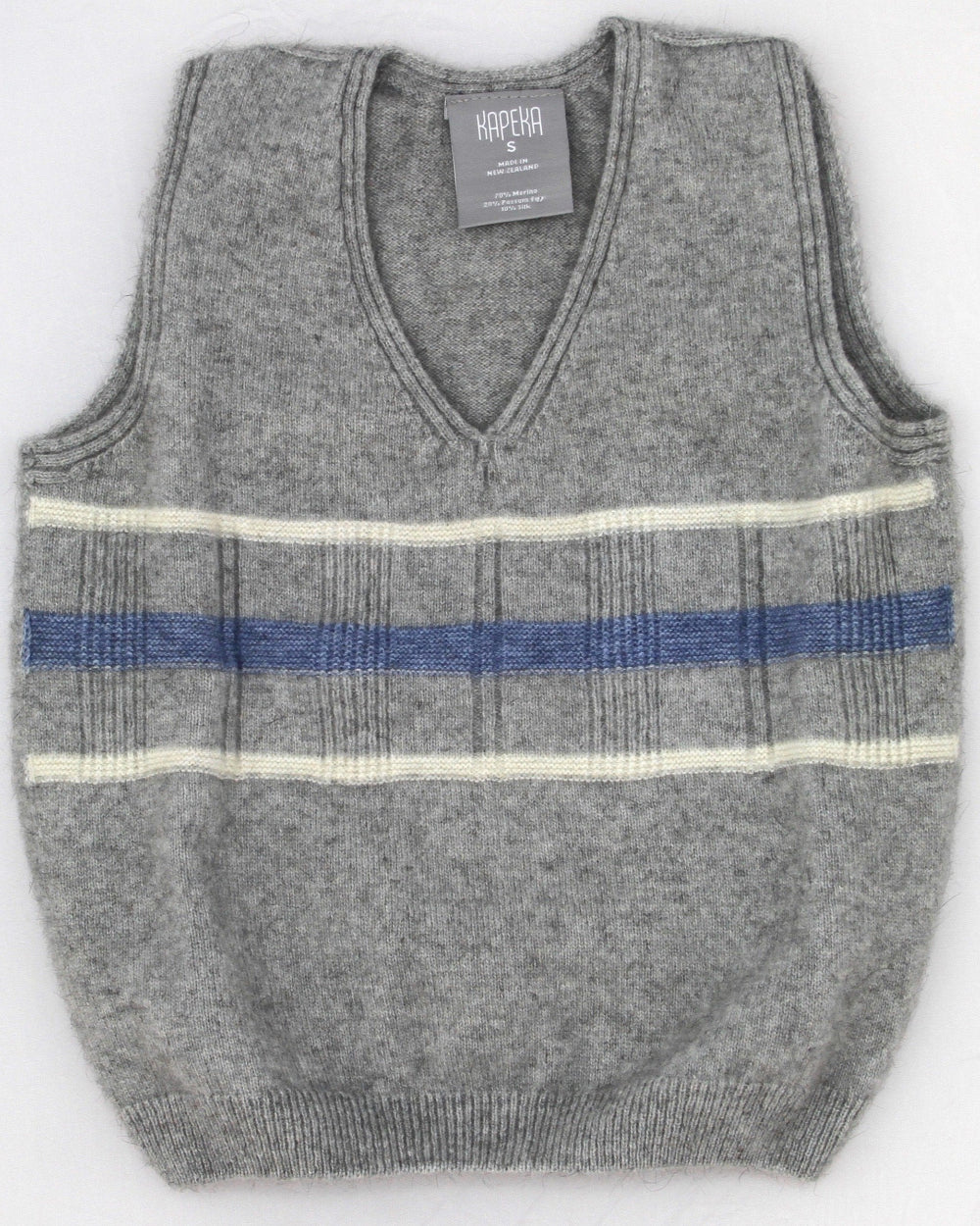 Kids' sleeveless gray and blue striped vest with a round neckline and visible brand tag.