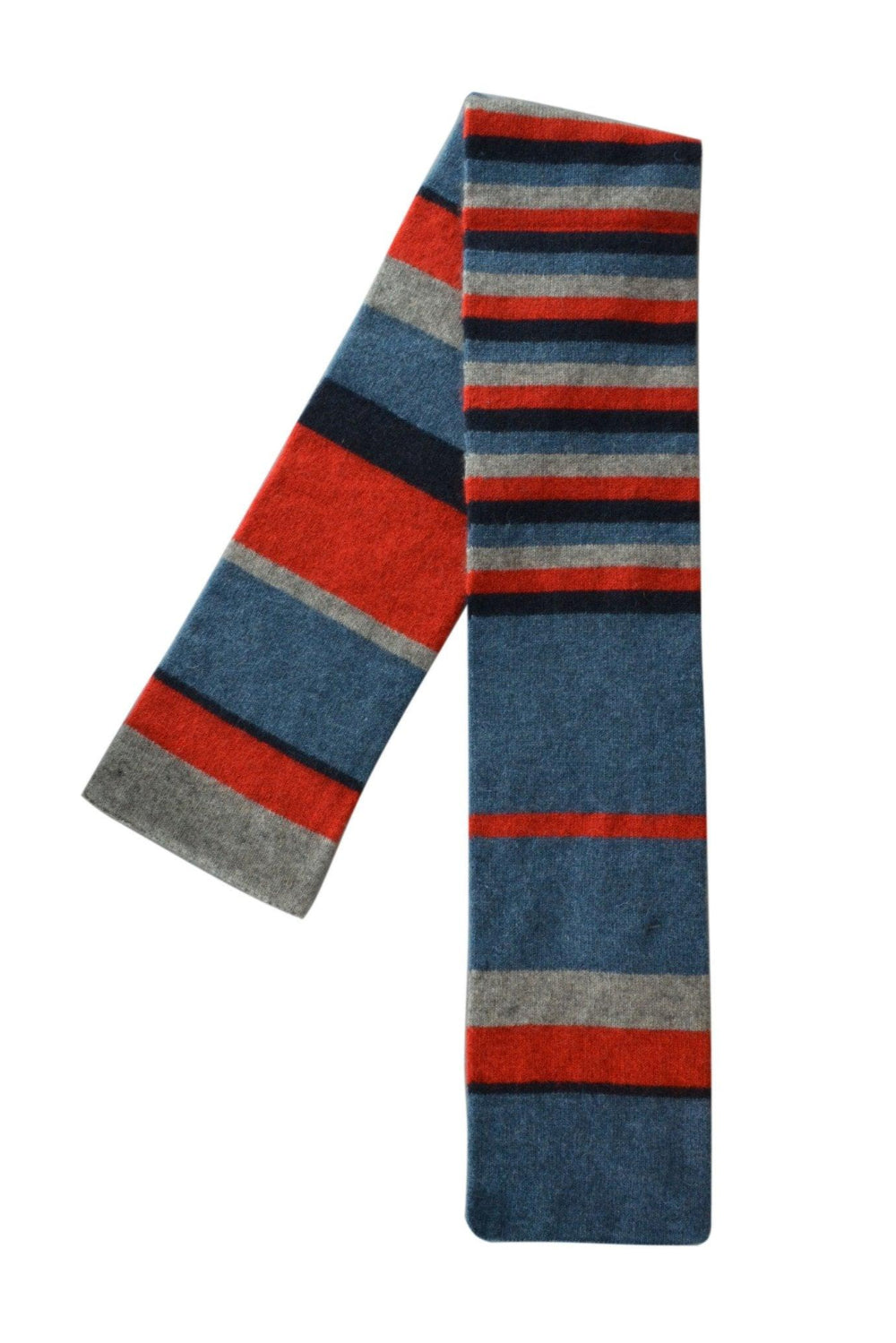Kids multicolor striped scarf in red, blue, and gray, displayed on a white background.