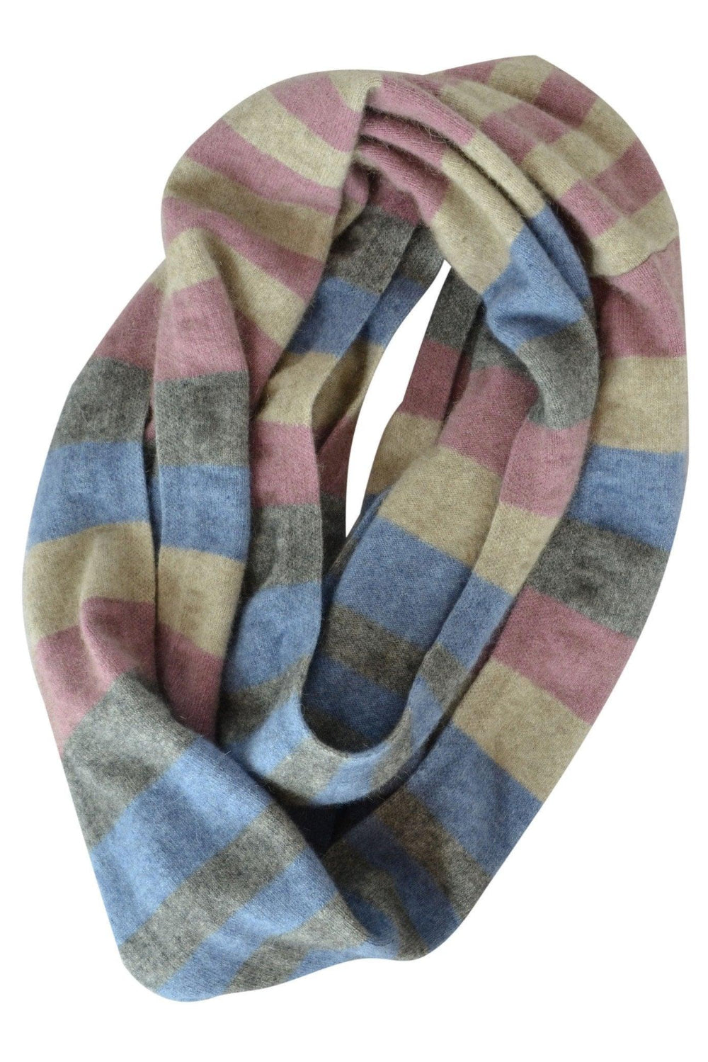 A color block loop scarf in shades of pink, blue, and gray, made from merinosilk fabric.