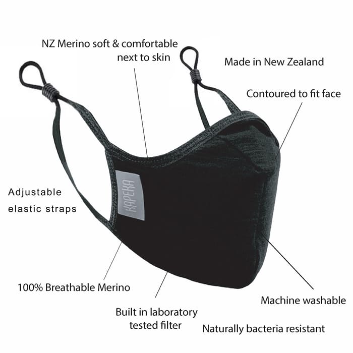 A black travel mask with adjustable elastic straps, made from merino soft & comfort next to skin, with a label showing 'Made in New Zealand', and highlighting features such as 100% breathable, adjustable elastic straps, and a machine washable filter.